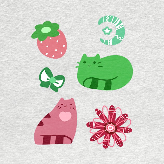 Green and Pink Strawberry Cats by saradaboru